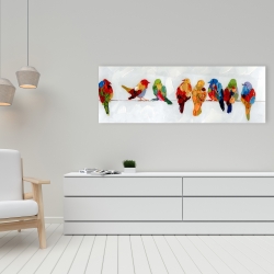 Toile 16 x 48 - Beaucoup d'oiseaux colorés sur un fil