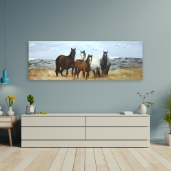 Canvas 20 x 60 - Horses in the meadow by the sun
