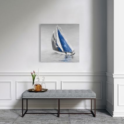 Gray and blue boat sailing