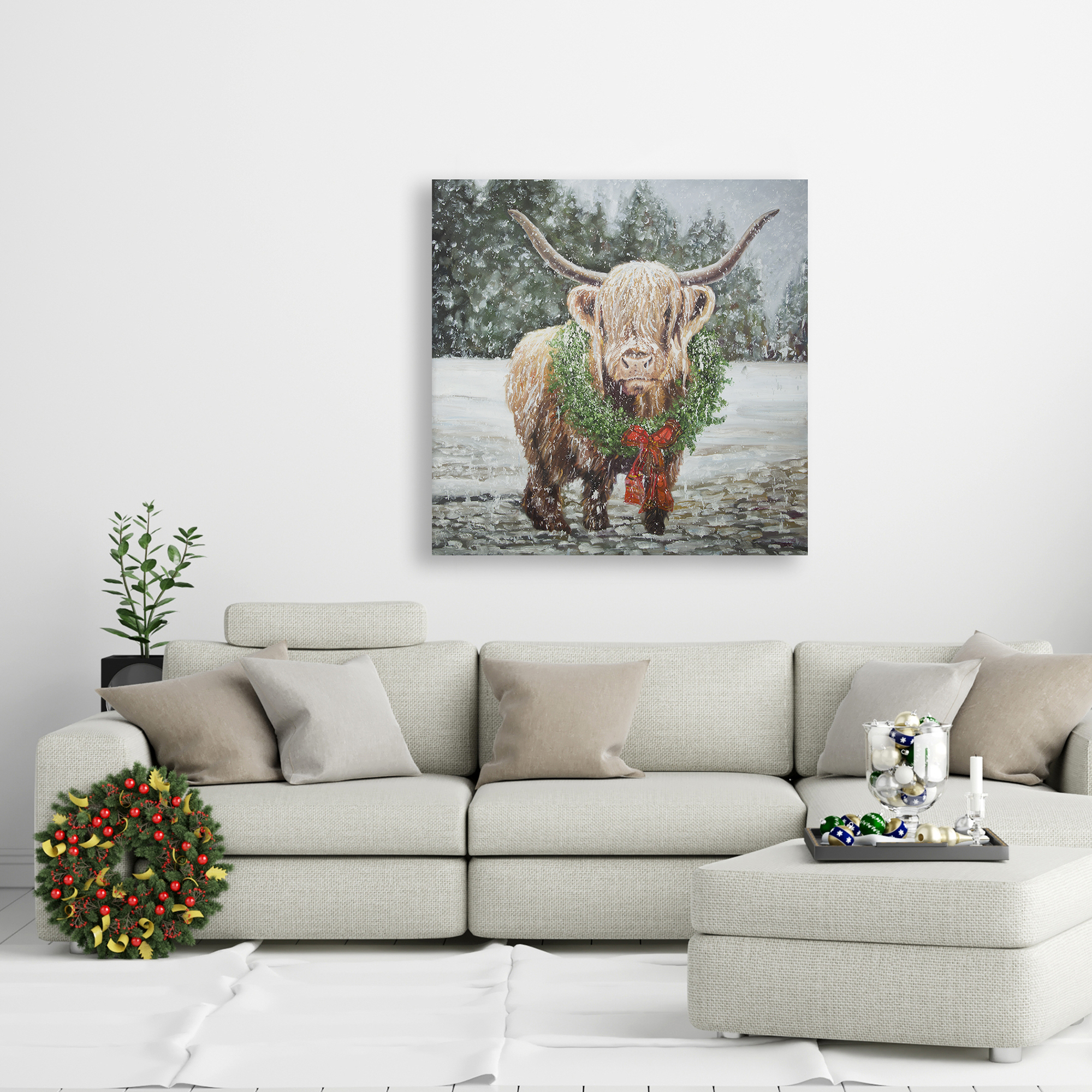 Toile 24 x 24 - Vache highland de noël
