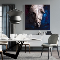 Toile 36 x 36 - Cheval blanc sur fond bleu