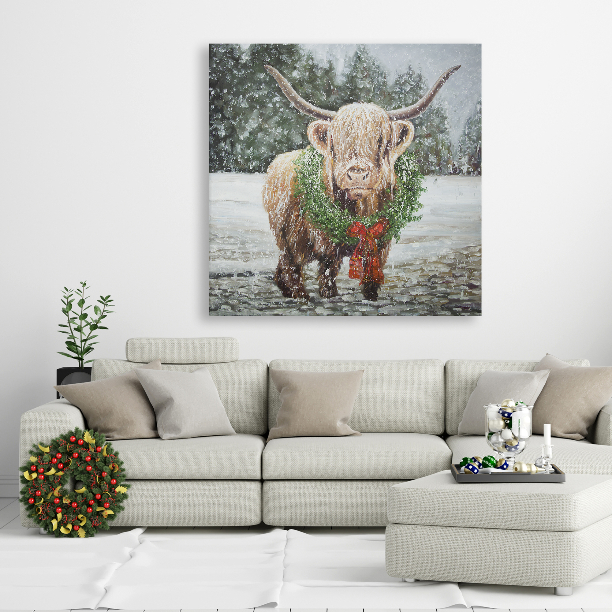 Toile 36 x 36 - Vache highland de noël