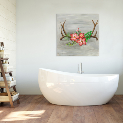 Toile 36 x 36 - Bois de cerfs et fleurs roses