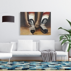 Canvas 36 x 48 - Hockey player ties his skates