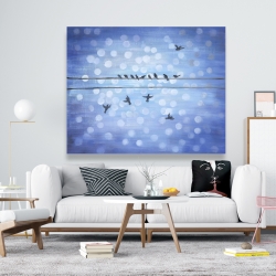 Canvas 48 x 60 - Birds on a wire with a clear blue sky