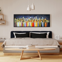Framed 16 x 48 - Colorful reflection of a cityscape by night