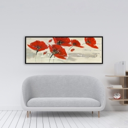 Framed 16 x 48 - Abstract red flowers in the wind