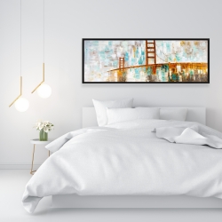 Framed 16 x 48 - Golden gate with turquoise paint spots