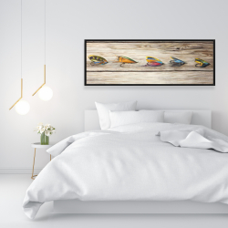 Framed 16 x 48 - Fishing flies with wood background