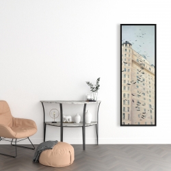 Framed 16 x 48 - Birds flying in front of a building