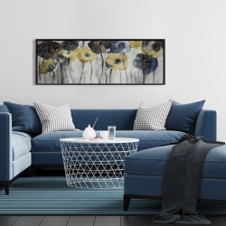 Framed 16 x 48 - Gray blue and yellow flowers