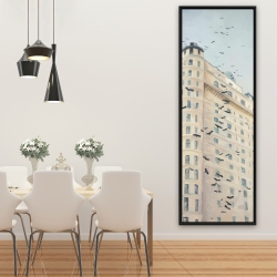 Framed 20 x 60 - Birds flying in front of a building