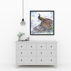 Framed 24 x 24 - Majestic peacock with flowers