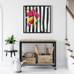 Encadré 24 x 24 - Fleurs rose sur rayures noir