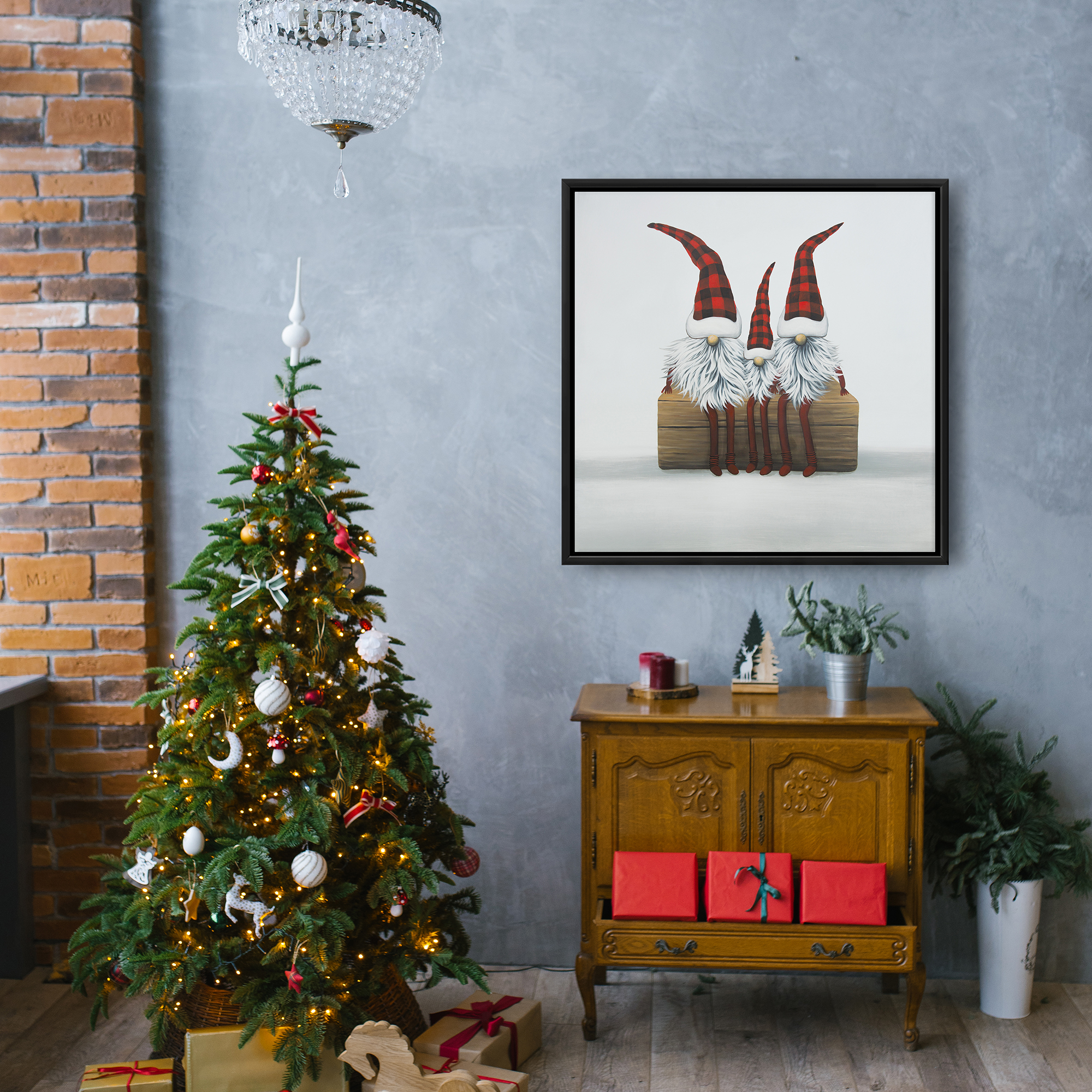 Framed 24 x 24 - Three christmas gnomes