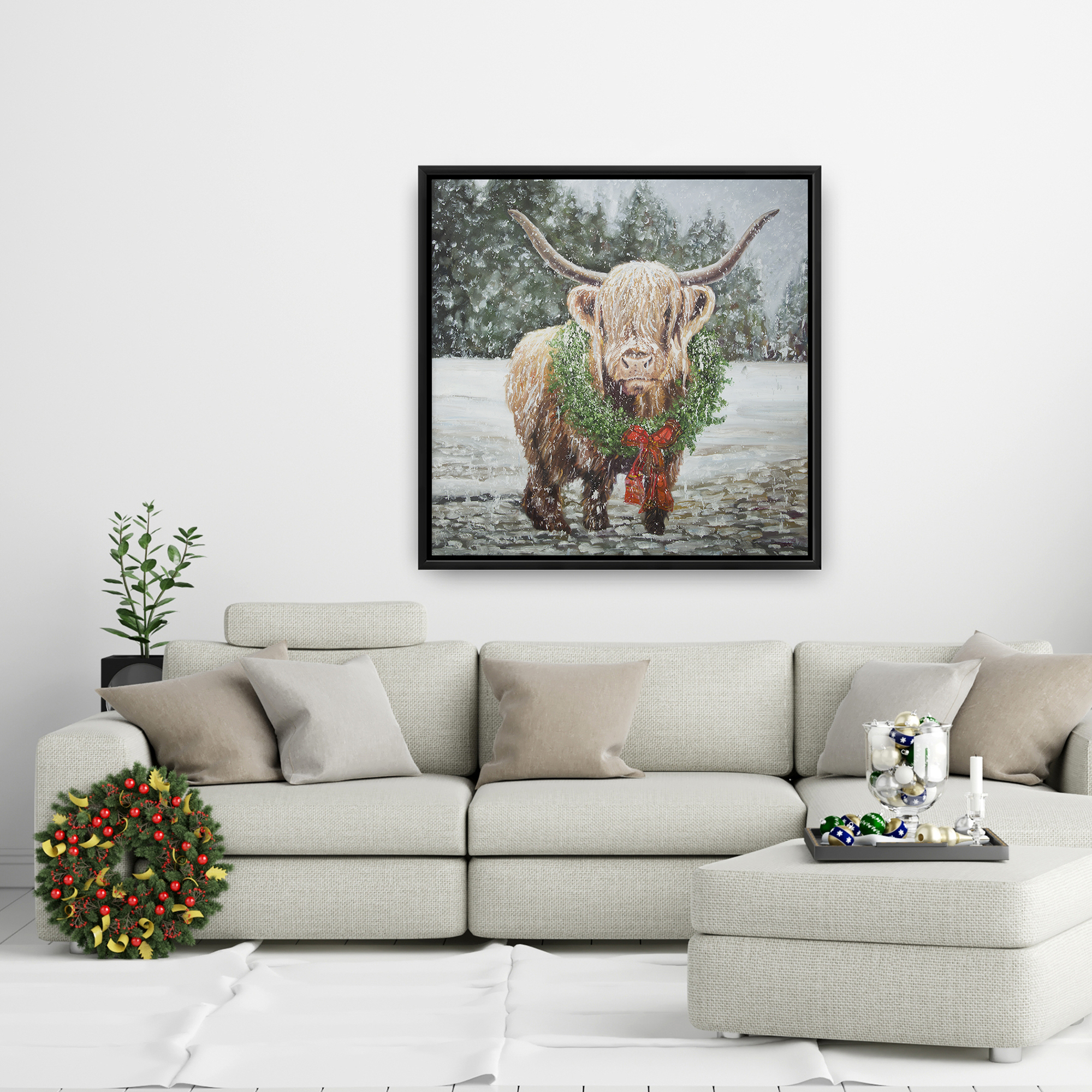 Encadré 24 x 24 - Vache highland de noël