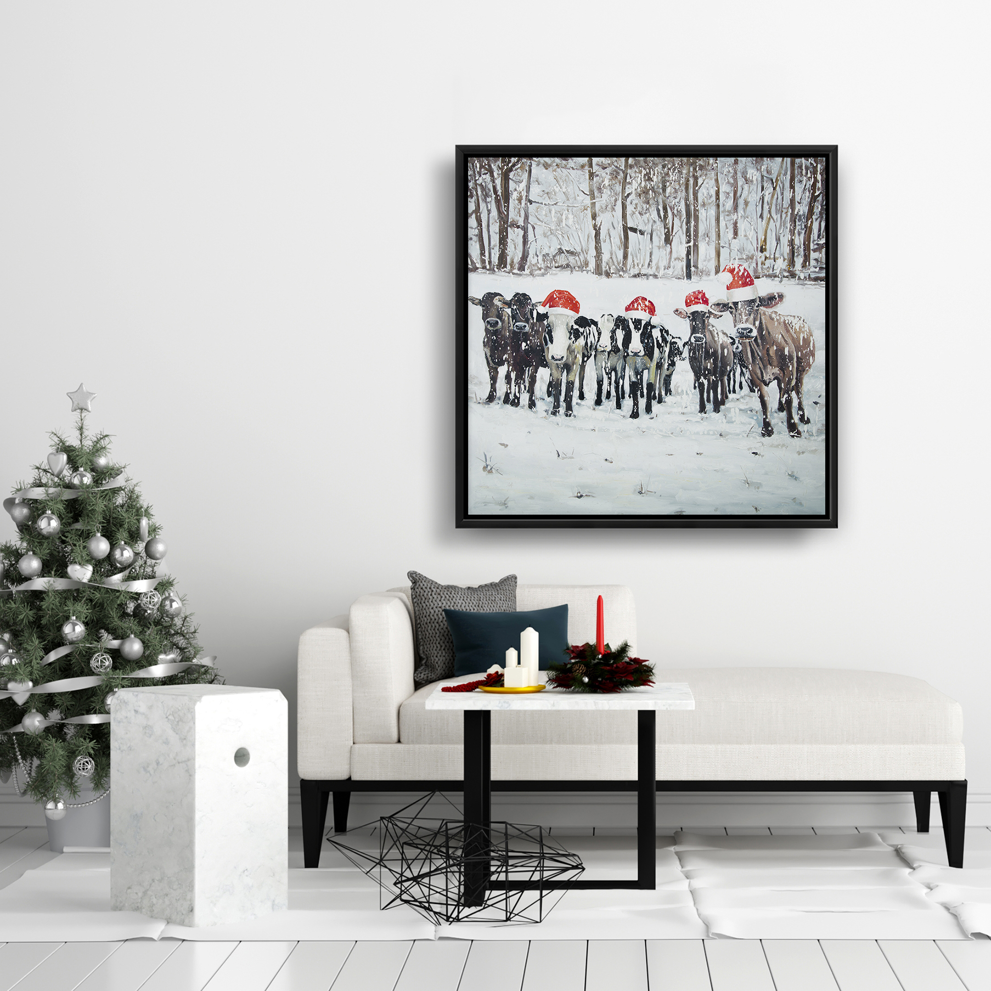 Framed 24 x 24 - Curious christmas cows