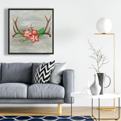 Encadré 24 x 24 - Bois de cerfs et fleurs roses