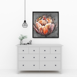 Framed 24 x 24 - Double and abstract orange tulip