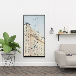 Framed 24 x 48 - Birds flying in front of a building