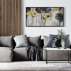 Framed 24 x 48 - Gray blue and yellow flowers