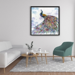 Framed 36 x 36 - Majestic peacock with flowers