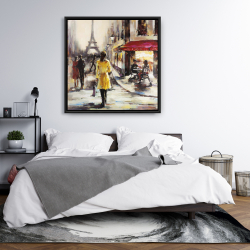 Framed 36 x 36 - Yellow coat woman walking on the street