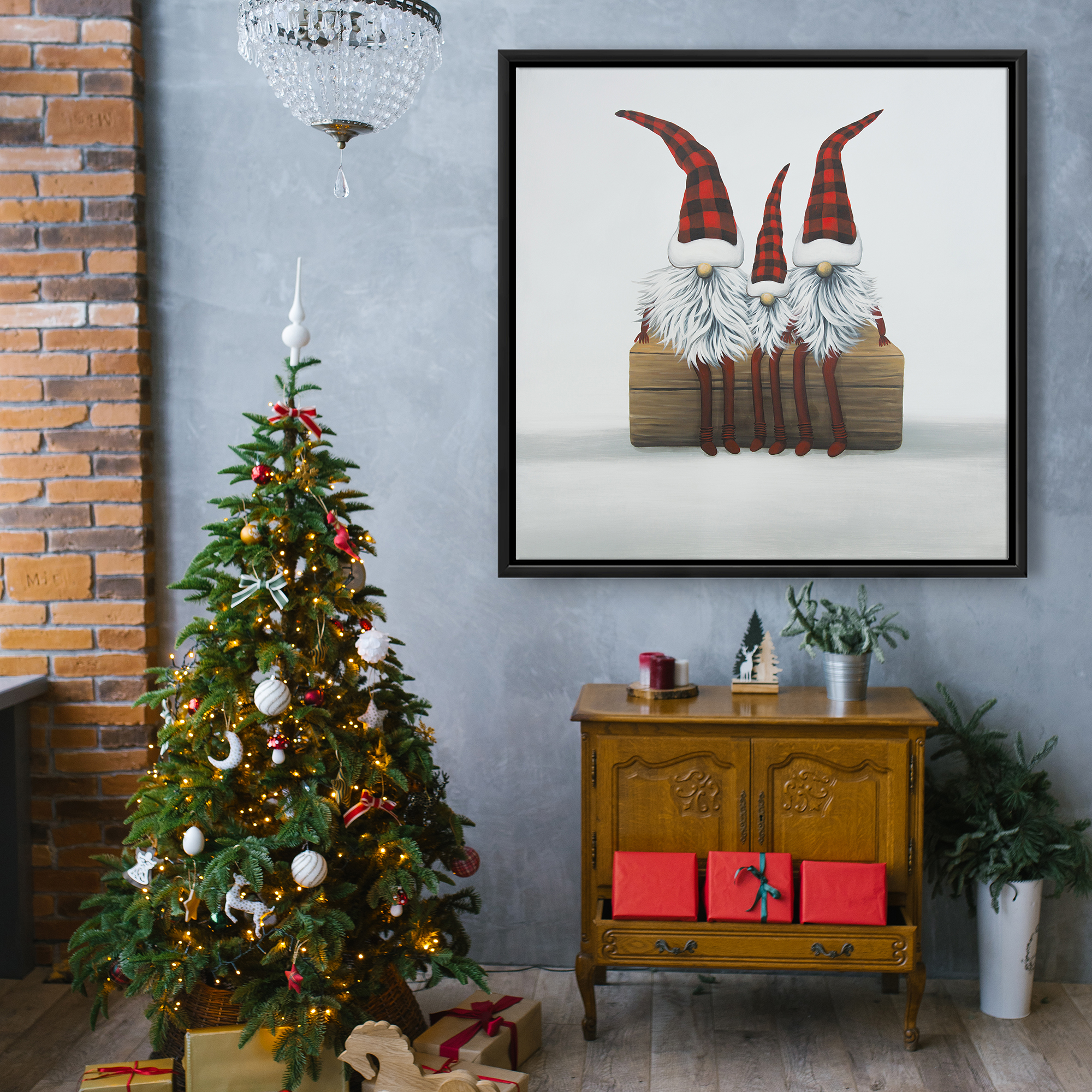 Framed 36 x 36 - Three christmas gnomes