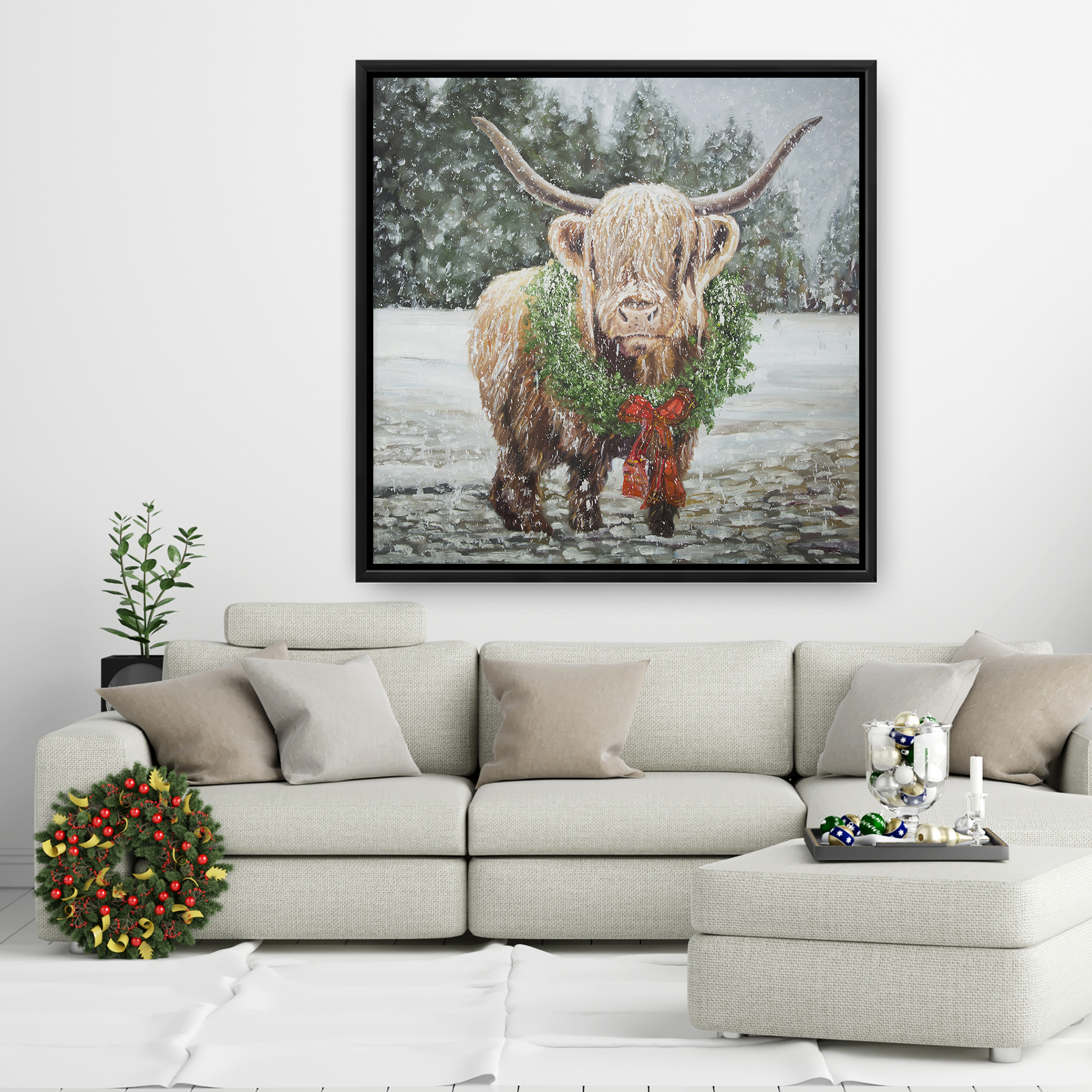 Encadré 36 x 36 - Vache highland de noël