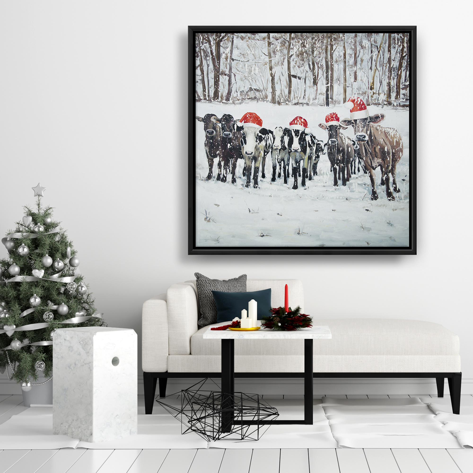 Framed 36 x 36 - Curious christmas cows
