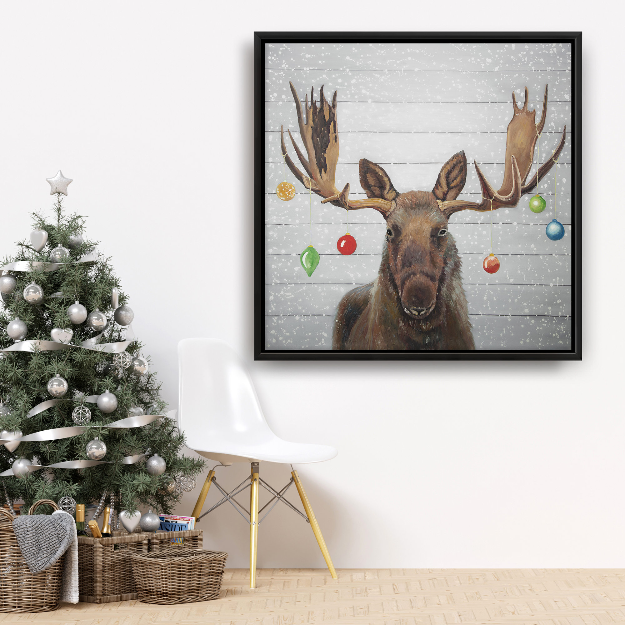 Framed 36 x 36 - Moose has christmas balls
