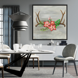 Encadré 36 x 36 - Bois de cerfs et fleurs roses