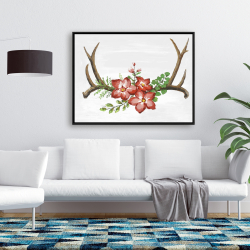 Encadré 36 x 48 - Bois de cerfs et fleurs roses
