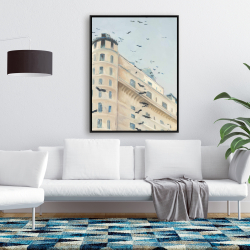 Framed 36 x 48 - Birds flying in front of a building