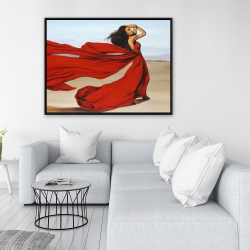 Encadré 36 x 48 -  femme avec longue robe rouge dans le désert