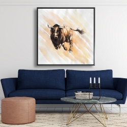 Framed 48 x 48 - Bull running watercolor