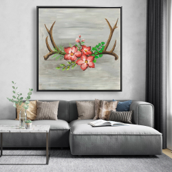 Encadré 48 x 48 - Bois de cerfs et fleurs roses