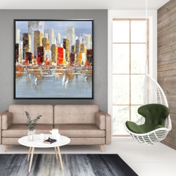 Framed 48 x 48 - Colorful buildings with water reflection