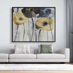 Framed 48 x 60 - Gray blue and yellow flowers