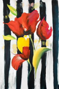 Fleurs rouges sur rayures
