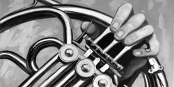 Musicien avec cor français monochrome