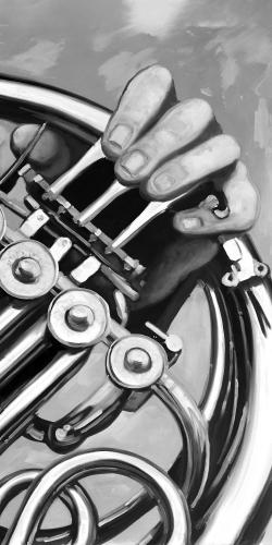 Musicien avec cor français monochrome