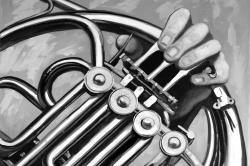 Musicien avec cor français monochrome