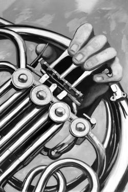 Musicien avec cor français monochrome