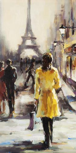 Yellow coat woman walking on the street