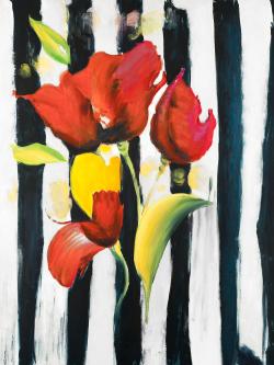 Fleurs rouges sur rayures