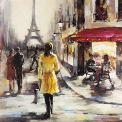 Yellow coat woman walking on the street