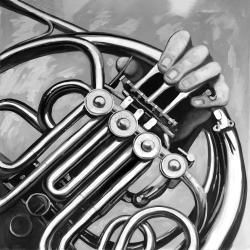 Musicien avec cor français monochrome