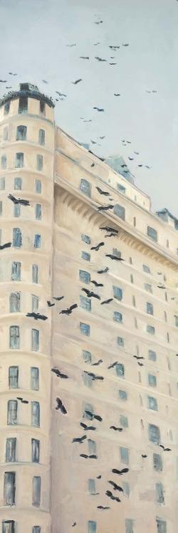 Birds flying in front of a building