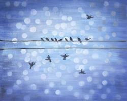 Oiseaux sur un fil avec ciel bleu clair